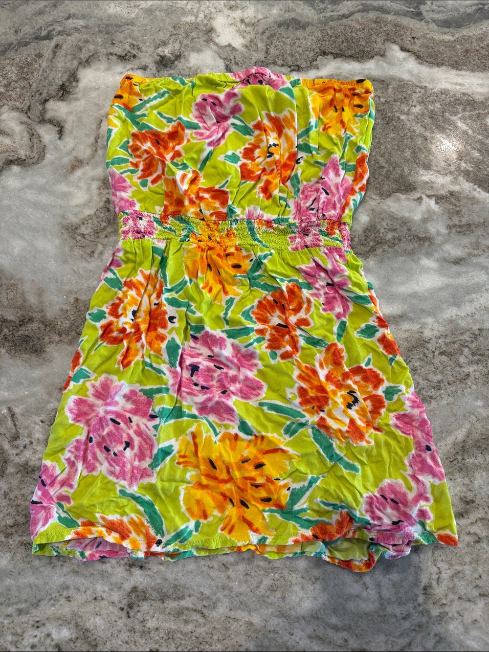 aerie women’s ' Floral Strapless Dress - Lime Green, Pink & Orange